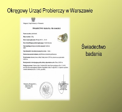 Na żółtym tle napis: "Okręgowy Urząd Probierczy w Warszawie" oraz zdjęcie dokumentu świadectwa badania przykładowego pierścionka. Pod treścią dokumentu podpis i okrągła pieczątka z orłem.